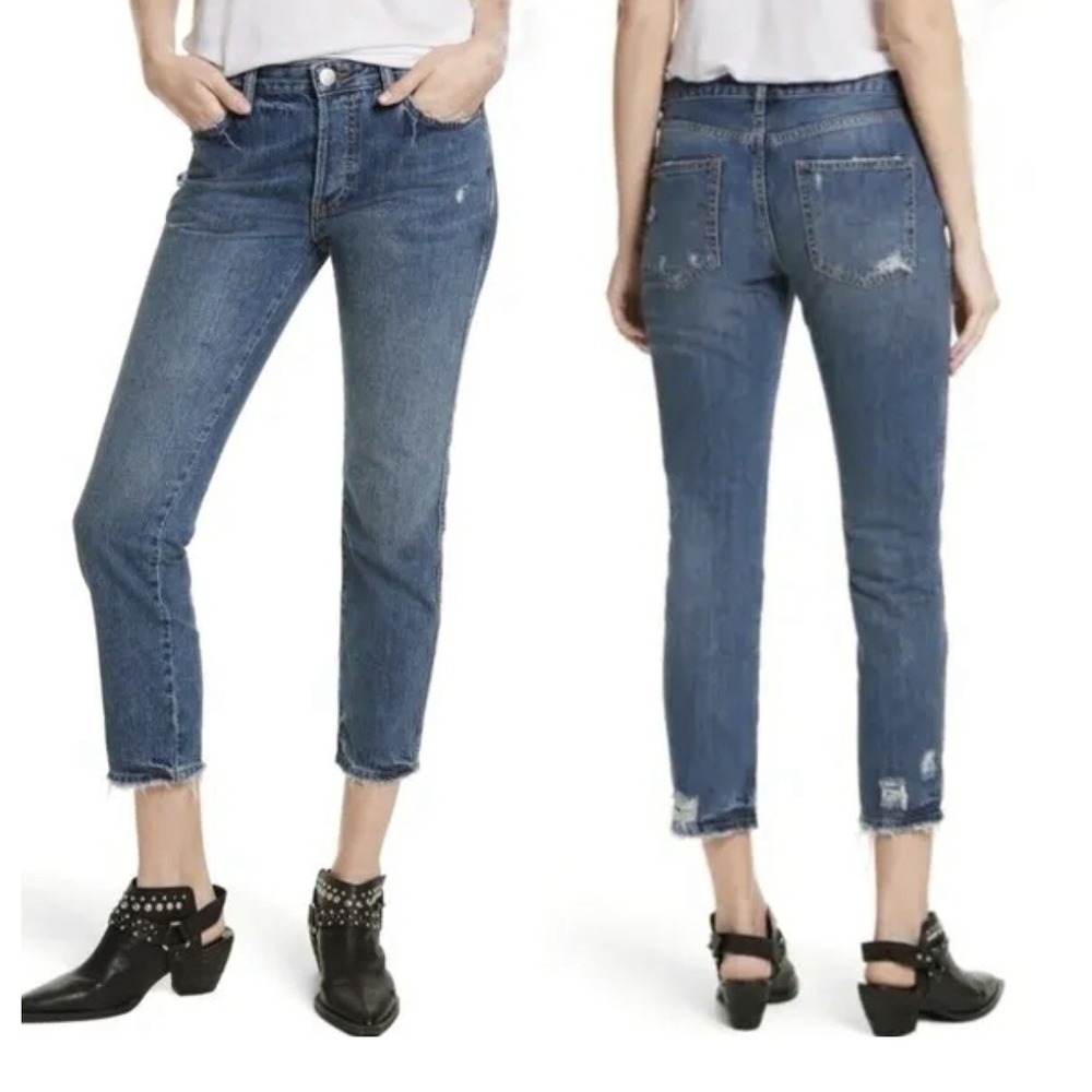 Free People Jeans Womens 26 Blue Slim Boyfriend Straight Button Fly Raw Hem Fray